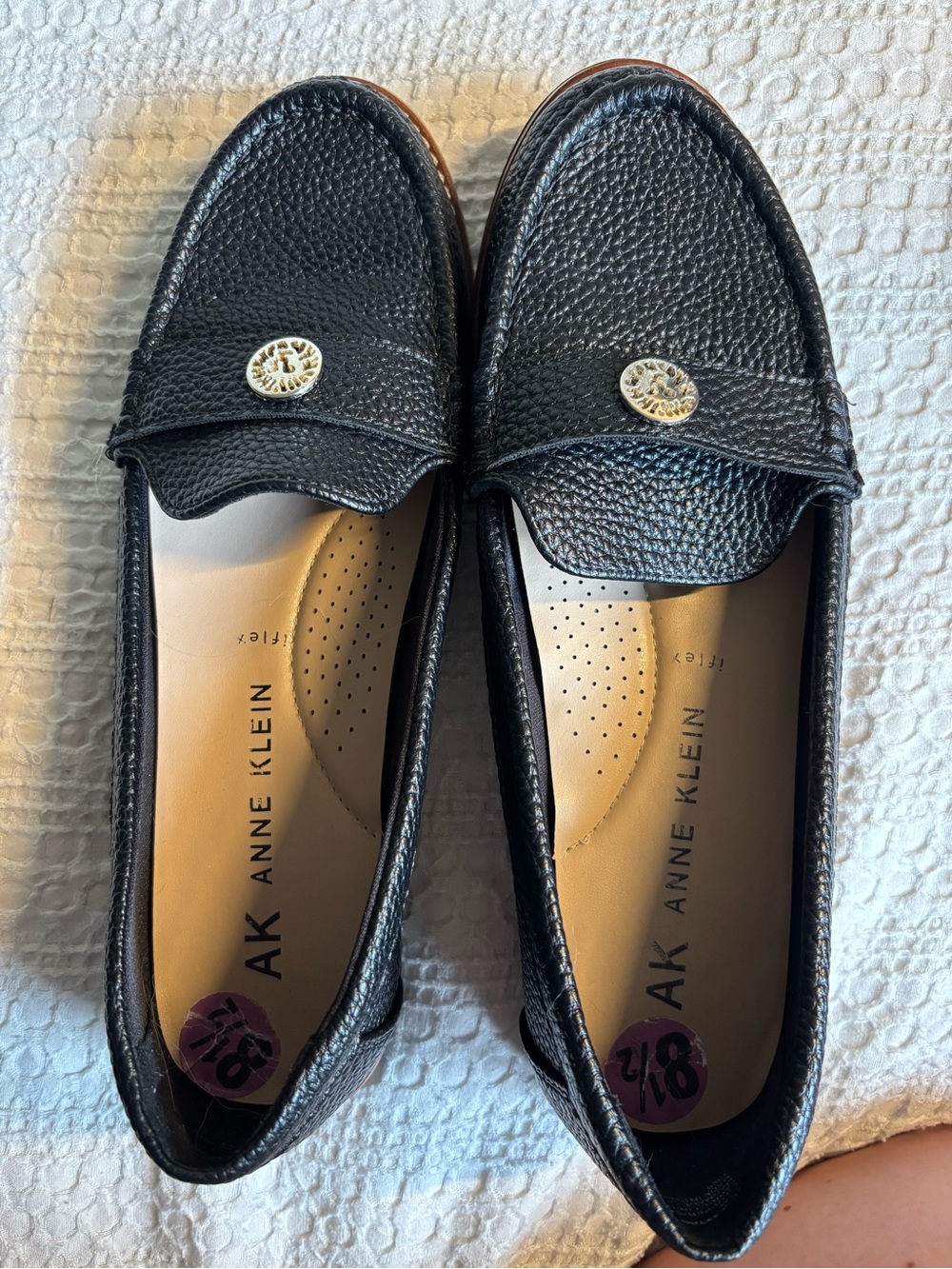 Anne Klein Black Pebbled Leather Penny Loafers with Gold Emblem - Picture 3 of 5
